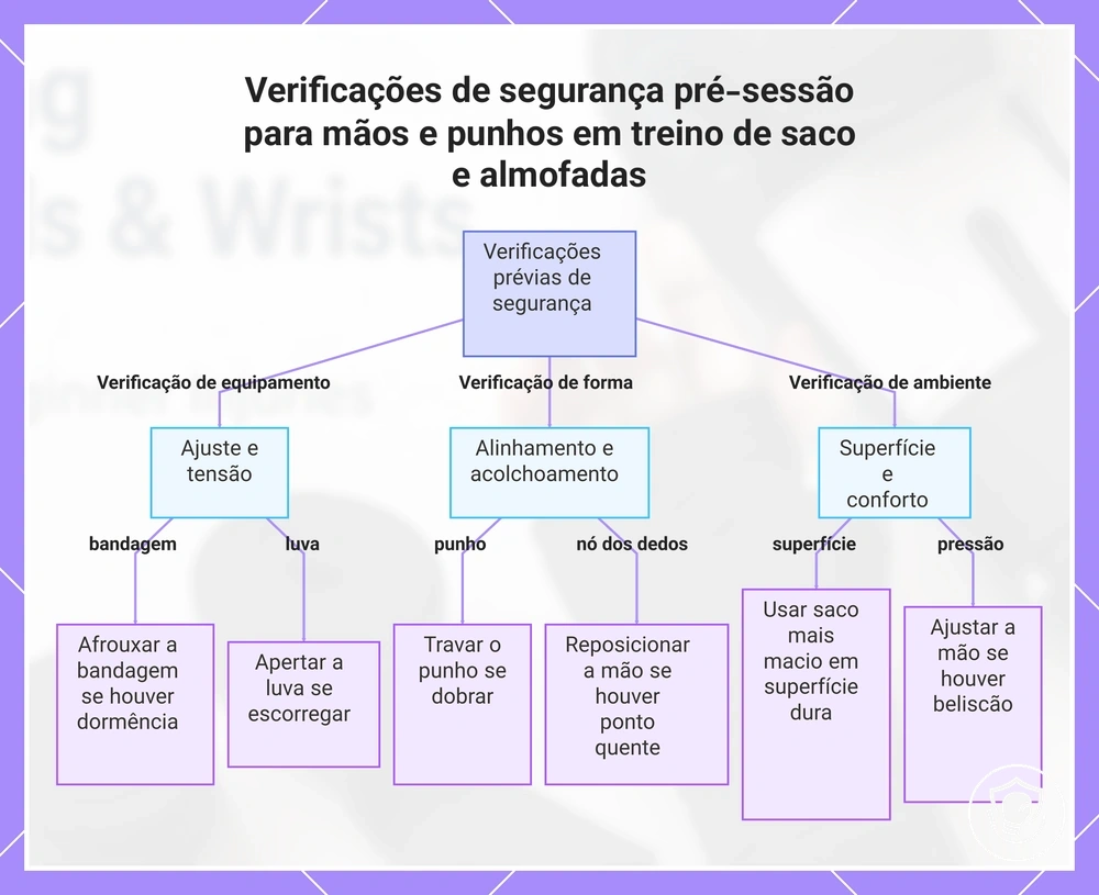 Verificações de segurança pré-sessão para mãos e punhos em treino de saco e almofadas