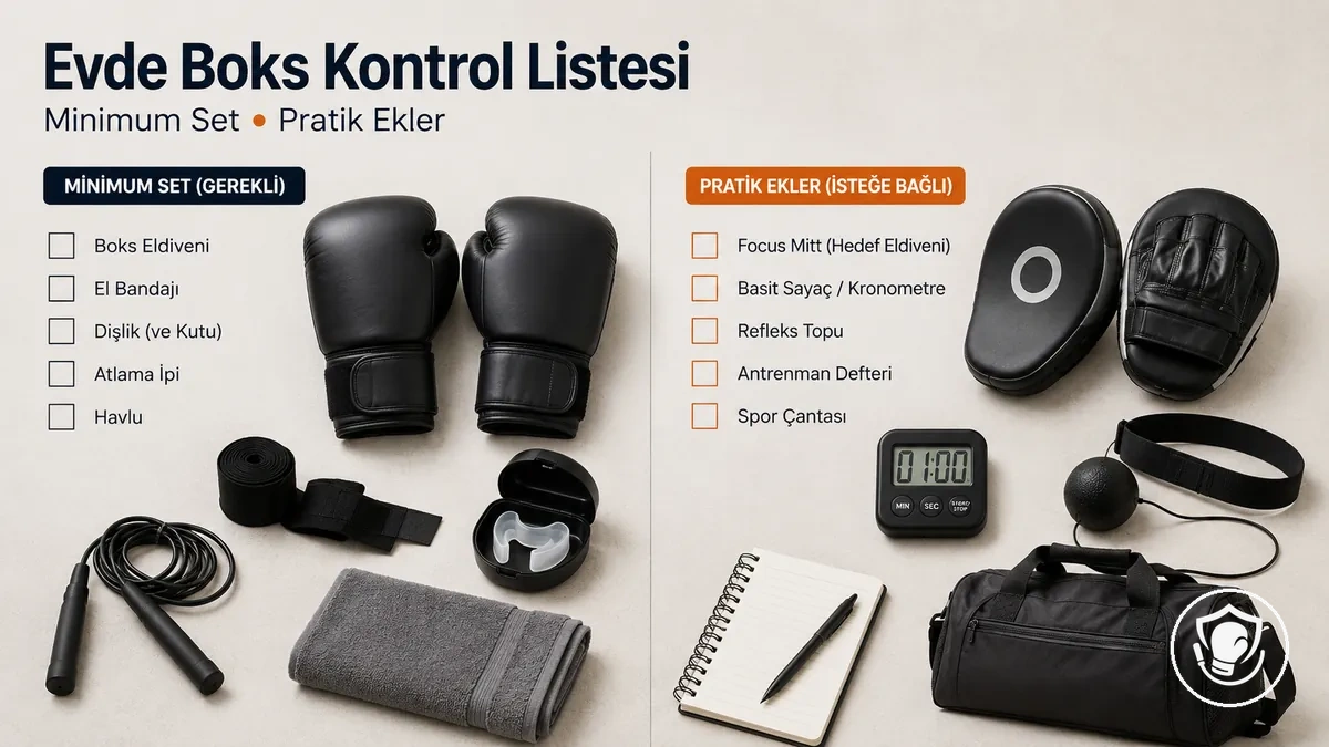 Yeni başlayanlar için evde boks ekipmanları: temel parçalar ve isteğe bağlı ekleri gösteren kontrol listesi