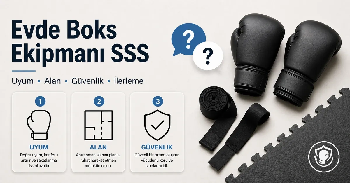 Evde boks ekipmanı için uyum, alan planı ve güvenlik sorularına yönelik SSS görselleri