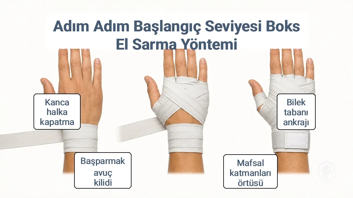Beş sarma aşamasını gösteren şema: bilek tabanı, parmak eklemi katmanları, parmak geçişleri, başparmak/avuç içi kilidi ve kapatma.