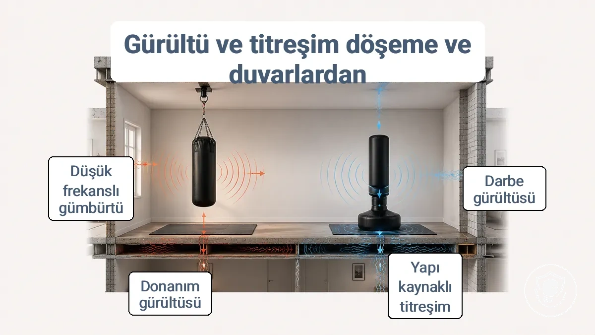 Apartman ortamında asılı ve ayakta kum torbaları için gürültü ve titreşim aktarım yollarını gösteren diyagram.