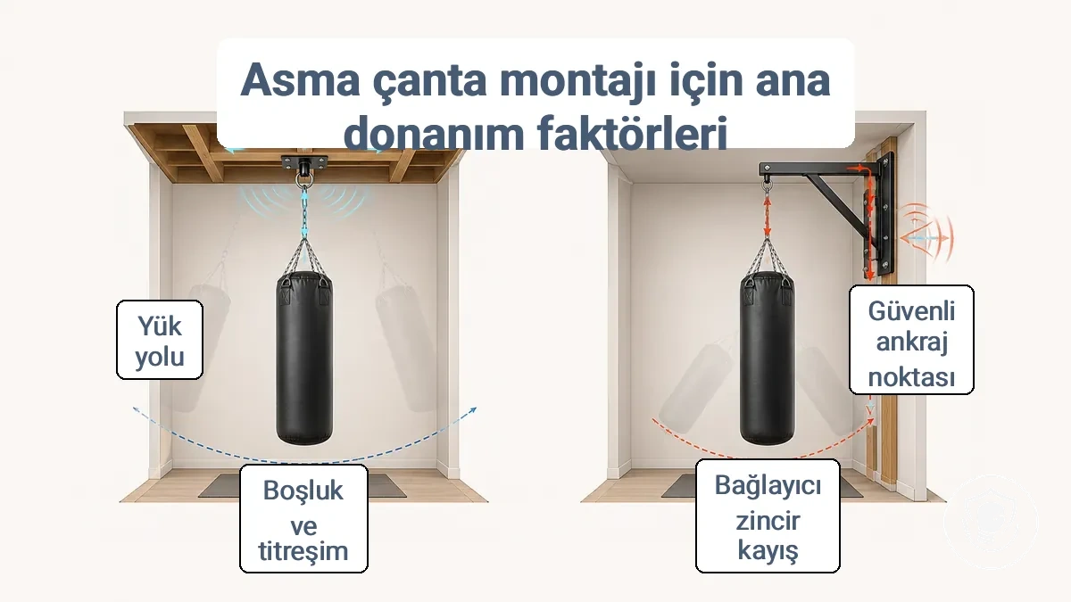 Asılı kum torbasından bağlantı elemanı aracılığıyla tavan veya duvar montajına giden yük yolunu ve boşluk ile titreşimin neden önemli olduğunu gösteren diyagram.