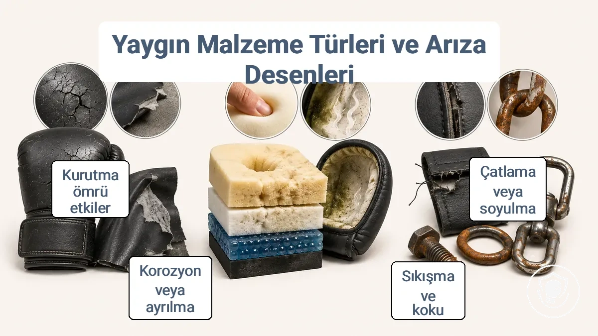 Yeni başlayan boks ekipmanındaki malzeme ailelerinin karşılaştırması: tipik arıza desenleriyle birlikte dış yüzey, iç dolgu ve donanım