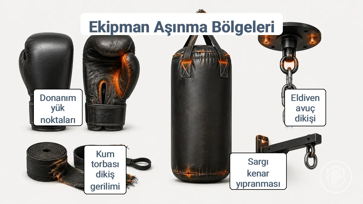Yeni başlayan boks eldivenleri, el sargıları, kum torbası ve montaj donanımındaki yaygın aşınma bölgelerini gösteren etiketli diyagram