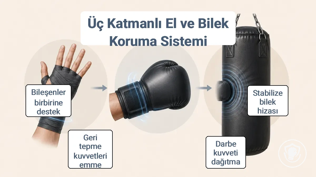 Üç katmanlı koruma yığınını gösteren etiketli diyagram: eldiven içindeki bandajlar, eldiven kapatması ve manşeti ile darbe yüzeyi