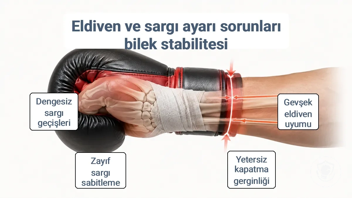 Bilek dengesi için doğru konumlandırmayı gösteren boks eldiveni bilek manşeti ve el bandajı sabitleme noktaları