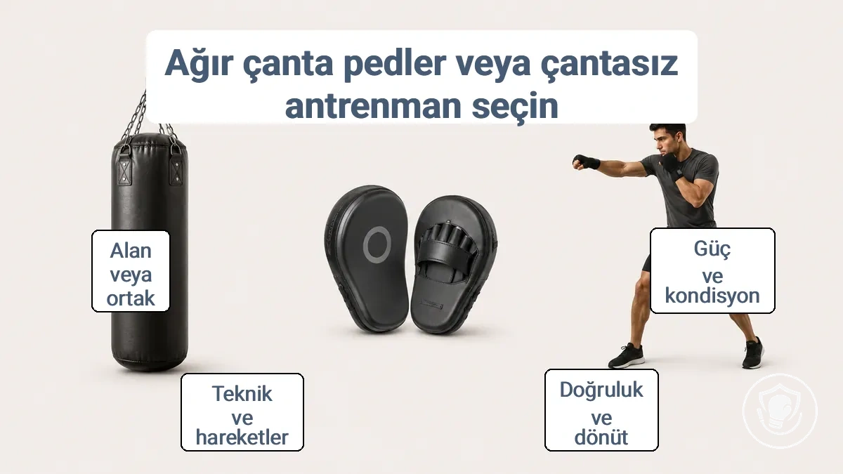 Kum torbası, pedler ve torbasız antrenman yan yana gösteriliyor