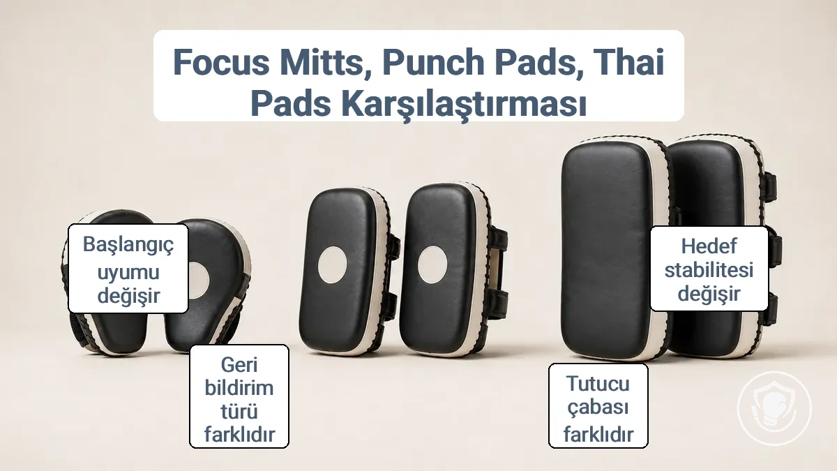 Fokus mittleri, yumruk pedleri ve Thai pedlerinin evde boks antrenmanı için karşılaştırması, boyut ve yastıklama farklılıklarını vurguluyor