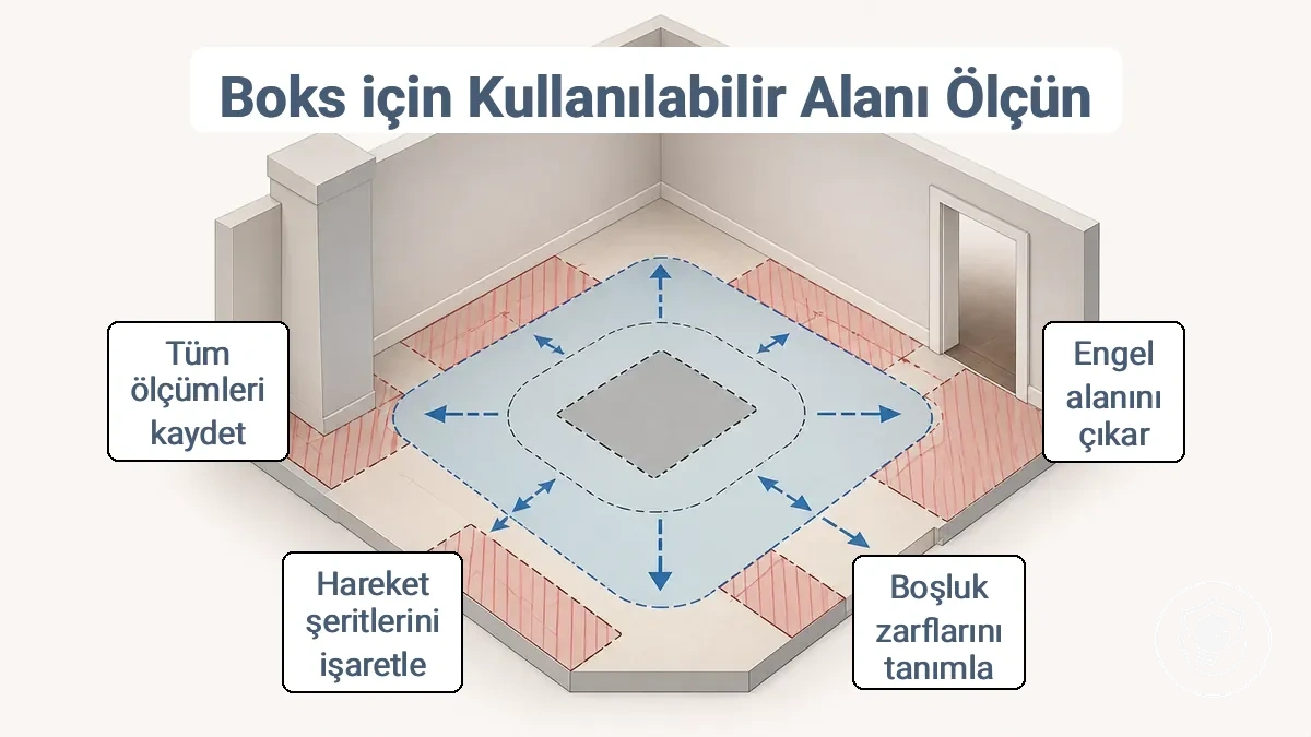 Küçük alan evde boks kurulumu için kullanılabilir ayak izi, boşluk payı ve hareket koridorlarını gösteren diyagram