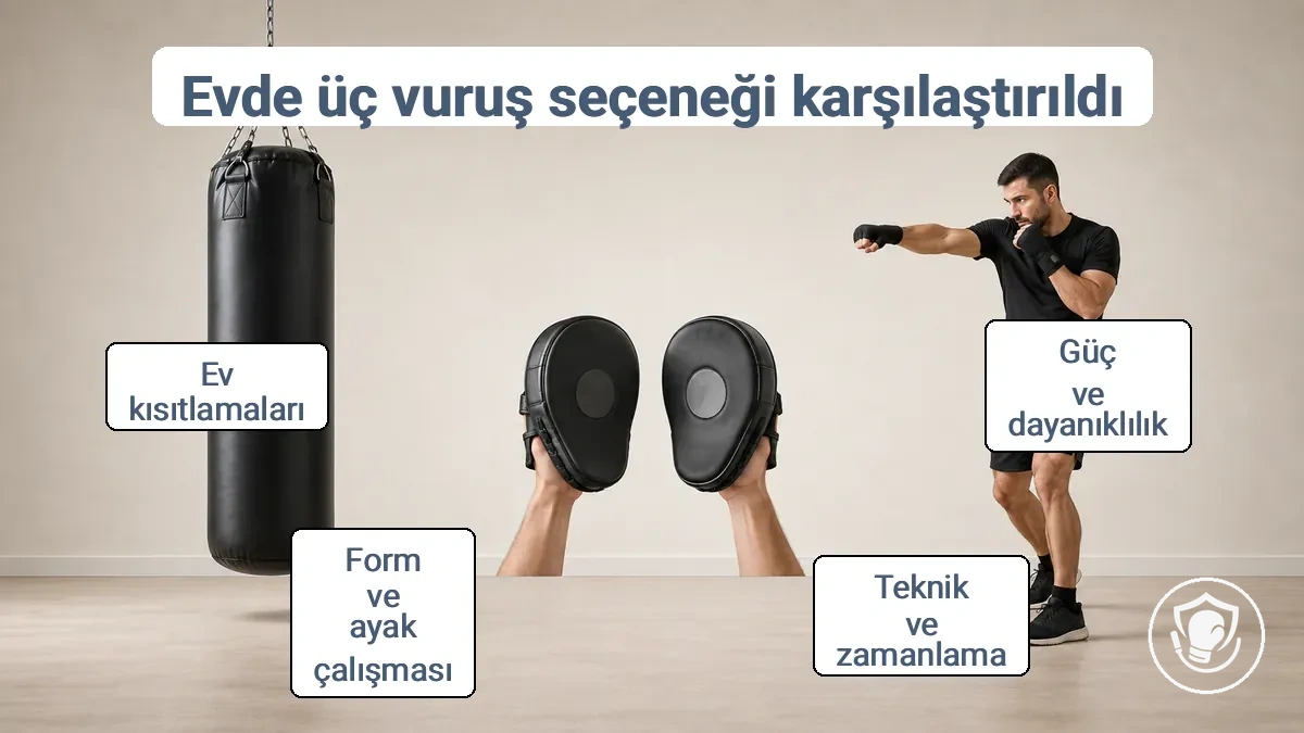 Evde boks vuruş pratiği seçeneklerinin karşılaştırması: kum torbası, pedler ve gölge boksu