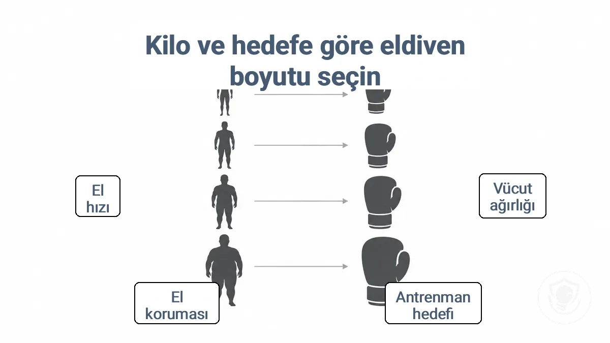 Yeni başlayan boks eldiveni beden tablosu, vücut ağırlığı bandı ve antrenman hedefine göre başlangıç ons aralıklarını gösteriyor.