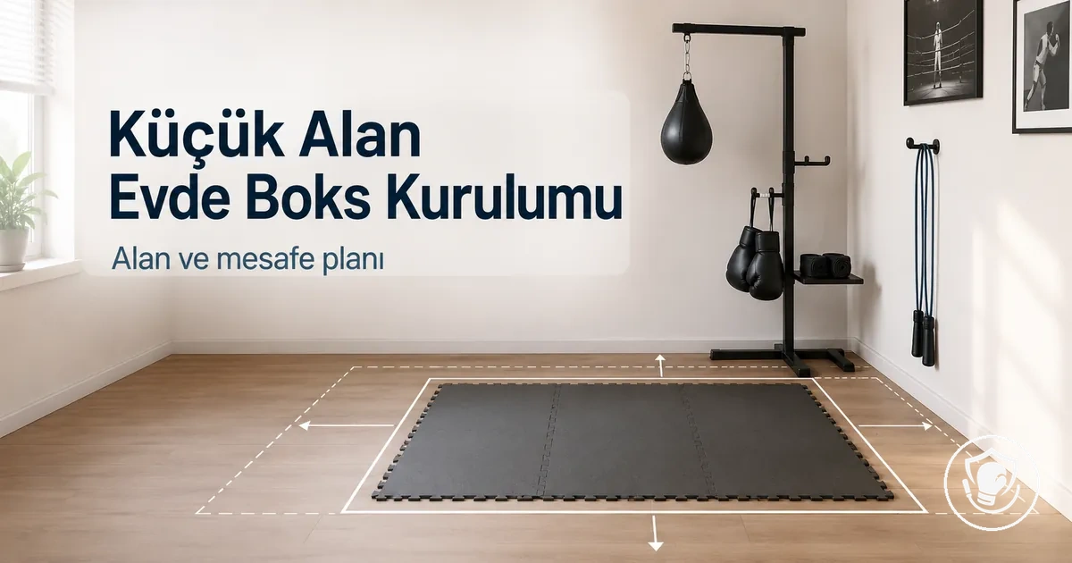 Küçük bir oda için planlanmış kompakt evde boks ekipmanı kurulumu